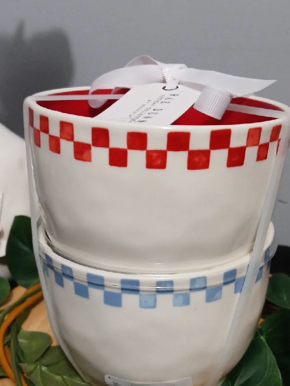 Rae Dunn White Ceramic Ice Cream & Sundae Stackable Bowls with Red and Blue Trim